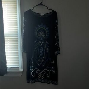 Black Printed Midi Dress with Blue-Green Accents